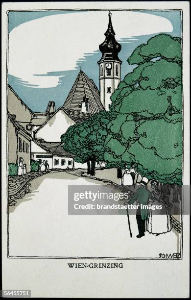 Vienna-Grinzing. Wiener Werkstaette post card no. 670. Coloured lithograph about 1912. [Wien - Grinzing. Wiener Werkstaette-Postkarte No. 670....