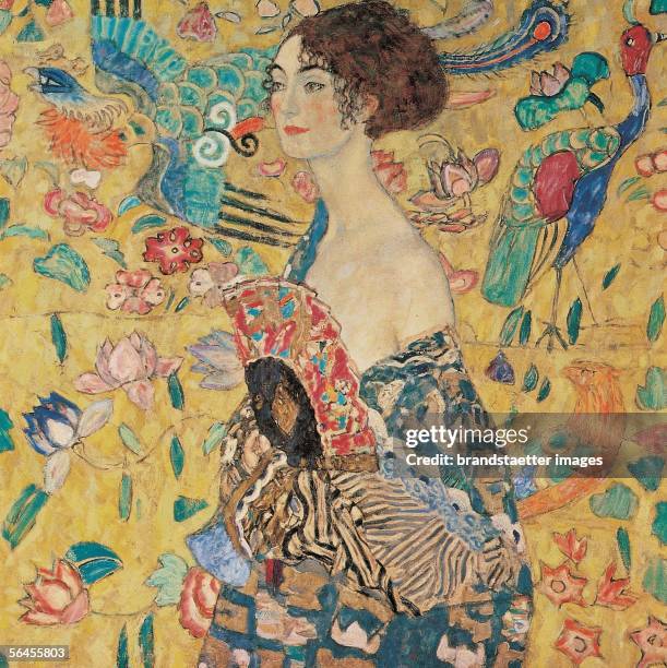 Lady with fan. D203. Oil on Canvas by Gustav Klimt. 100 : 100 cm. 1917/18. [Dame mit Faecher. D203. Oel/Lwd. 100 : 100 cm. 1917/18.]