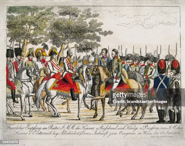 Reception of the monarchs of Russia and Prussia in the Prater on the 25th of september 1814. Contemporary Colour Etching by A. Paterno, 1814....