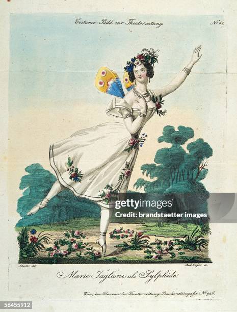 Marie Taglioni as Sylphide. Coloured Engraving from the theater newspaper. [Marie Taglioni als Sylphide. Kol. Stich aus der Theaterzeitung.]