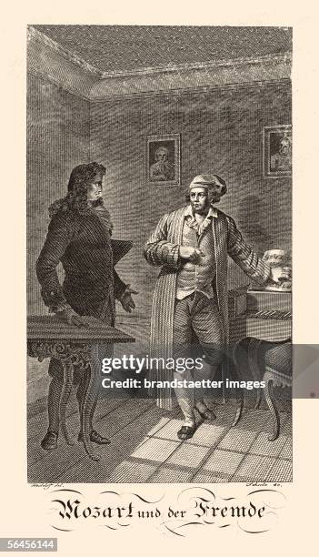 Wolfgang Amadeus Mozart and the stranger, who assigned him with the composing of a Requiem. Copper engraving. Around 1815. [Wolfgang Amadeus Mozart ,...