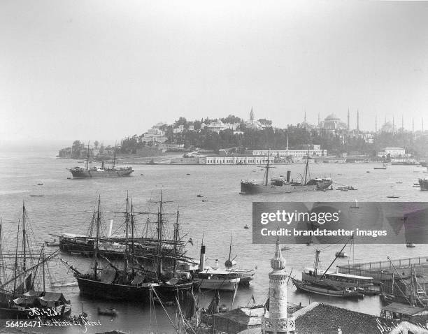 Constantinople: Seraglio point, seen from the Galata Side, the other side of golden horn with Topkapi Palace, Hagia Sophia and Blue Mosque in the...