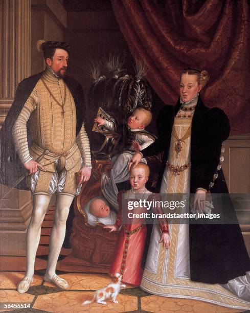 Emperor Maximilian II., his wife Maria of Spain and the children Anna, Rudolf and Ernst. Oil on Canvas, by Giuseppe Arcimboldo. 1553. [Kaiser...