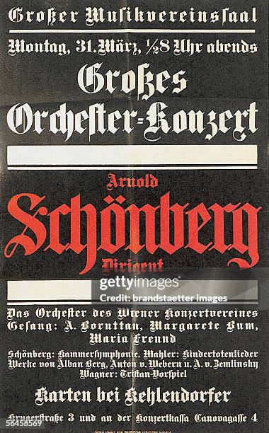 Poster: Concert by Arnold Schoenberg on March 31st 1913. Vienna. Austria. Coloured lithography. 1913. [Plakat zum von Arnold Schoenberg geleiteten...