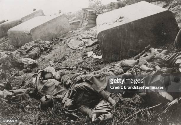 World War I.: Battles with many dead soldiers at the barrage of Piave after the first attack. Photography around 1918. [1. Weltkrieg: Kaempfe mit...