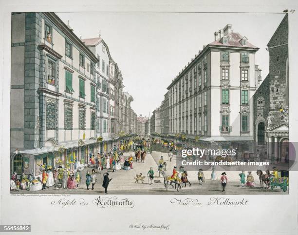 View from the Michaelerplatz to the Kohlmarkt. Etching. 1876. [Wien: Blick vom Michaelerplatz auf den Kohlmarkt bis zum Graben, links das...