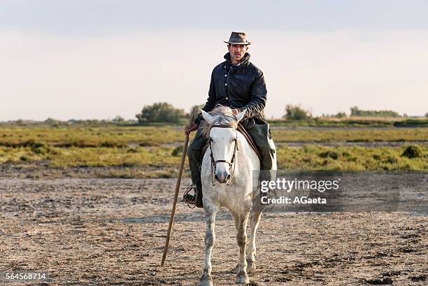 camargue, cowboy and horse - imbrunire stockfoto's en -beelden