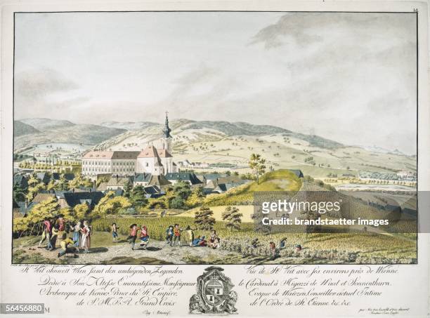 Vienna: View from Roter Berg to Ober St. Veit with archbishop's residence and church. Coloured copper engraving. Vienna. Austria. 1780. [Wien: Blick...