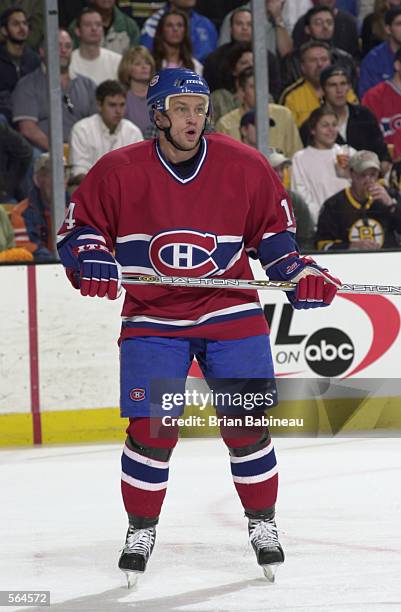 Right wing Oleg Petrov of the Montreal Canadiens looks on against the Boston Bruins during game 5 of the Stanley Cup play-offs at the Fleet Center in...