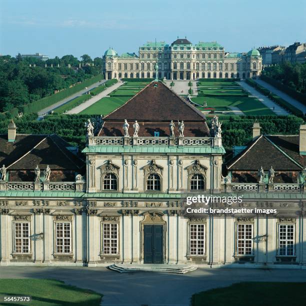 Vienna: Castle Belvedere, summer palace of Prince Eugene of Savoy, built by Johann Lukas von Hildebrandt between 1721 to 1723. View from the Upper...