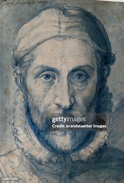 Self-portrait of Arcimboldo, 1575. Pen and blue pencil on paper, 23 x 15,7 cm. [Arcimboldo, Selbstportrait. Zeichnung. 1575.]