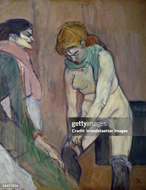 Femme tirant son bas - woman pulling on her stocking, 1894. Essence on cardboard, 58 x 46 cm. R.F. 1943-66. [Femme tirant son bas - Frauen beim...