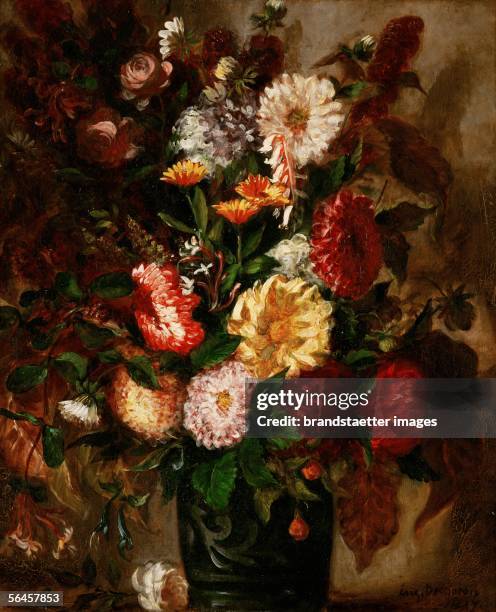 Bouquet de fleurs dans un vase de gres - flowers in an earthenware pot, 1847. Canvas, 65 x 43 cm. [Blumenbouquet in einer Vase. 1847. Canvas, 65 x 43...