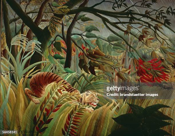 Orage tropique avec un tigre - Tropical thunderstorm with a tiger, 1891. Canvas. [Orage tropique avec un tigre - Tropischer Wirbelsturm mit einem...
