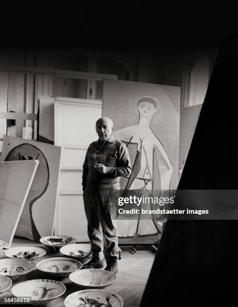 Pablo Picasso in his villa "La Californie" in Cannes. Photography by Franz Hubmann, 1957. [Pablo Picasso in seiner Villa "La Californie" in Cannes....