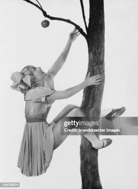 Rosy Ciskos clambs up an appletree. Photography around 1933. [Rosy Ciskos klettert einen Apfelbaum hoch. Photographie um 1933.]