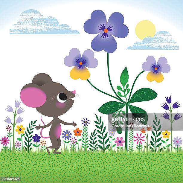 ilustrações, clipart, desenhos animados e ícones de rato na primavera, jardim de verão. - violeta flor