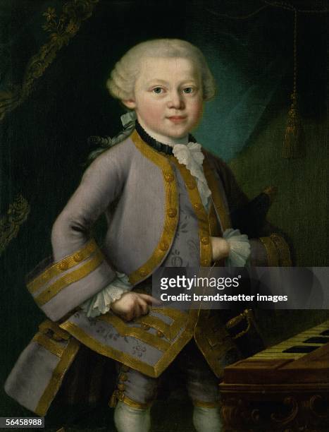 Young Mozart in court-dress. Oil on canvas . Probably by Pietro Antonio Lorenzoni. [Der junge Wolfgang Amadeus Mozart in Hofkleidung.oel/Lw. 1763 ....