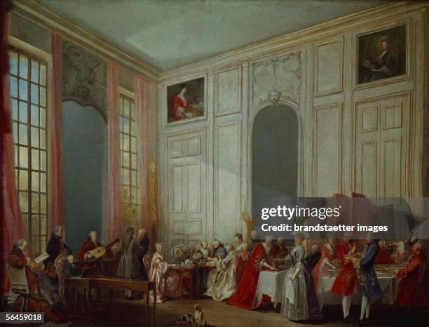 The young Wolfgang Amadeus Mozart at the piano in the salon of Prince Conti. Canvas. [Der junge Wolfgang Amadeus Mozart am Klavier im Salon des...