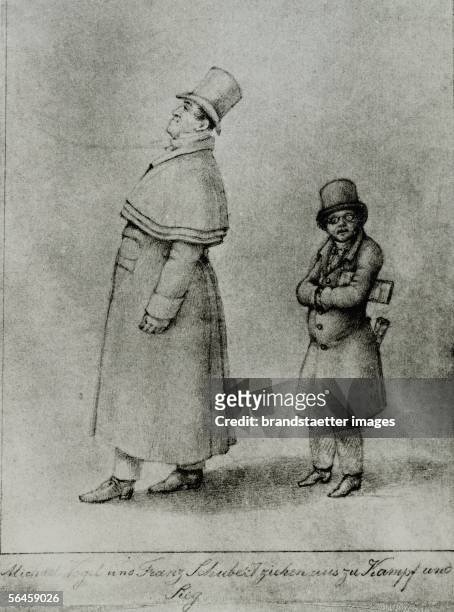 Johann Michael Vogl and Franz Schubert marching to battle and victory. Caricature, pencil. [Johann Michael Vogl und Franz Schubert . Karikatur....