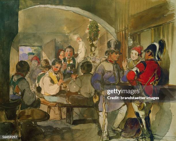 In the local pub, 1841. Watercolour and pencil 8 x 22,8 cm. Inv.34676. [Im oertlichen Wirtshaus. 1841. Aquarell und Bleistift. 18,8 x 22,8 cm....