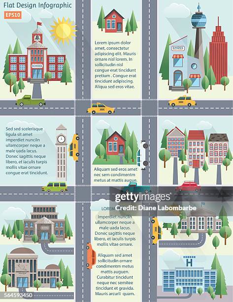 flat design cityscape infographic - building street level stock illustrations