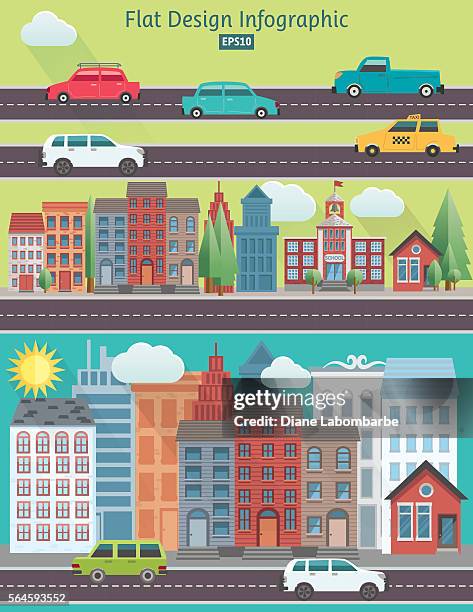 flat design stadtbild infografik - urban road stock-grafiken, -clipart, -cartoons und -symbole