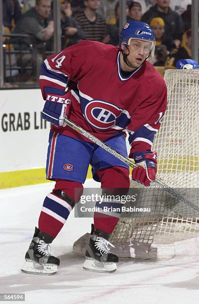 Right wing Oleg Petrov of the Montreal Canadiens goes to the front of the net against the Boston Bruins during game 5 of the Stanley Cup play-offs at...