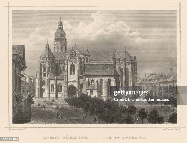 St Elisabeth Cathedral in Kosice in present day Slovakia, circa 1860. Steel Engraving by Johann Poppel after Ludwig Rohbock. Darmstadt, 1857-1864....