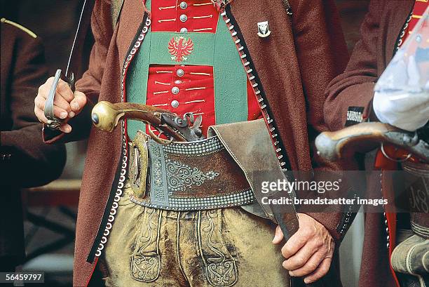 Traditional Costume with leather trousers of Tyrol, Alpbach. Photography. [Tiroler Tracht mit Bauchranzen und Lederhose aus Alpbach]