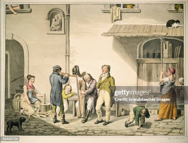 Buskers, in the backyard of a house. Coloured lithograph by Joseph Lanzedelli. Printed by: Verlag Jeremias Bermann, Vienna. 1818. [Die...