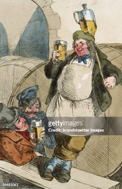 The drunkard. Vintager is leaning against a big barrel with a glass in hand, two other drunkards at his feet. Coloured lithograph by Gustav Fischer....