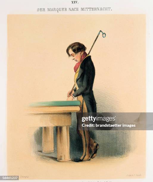 Young waiter after midnight, half asleep, leaning against a pool table. From: Viennese characters in figurative illustrations . Publisher L.T....