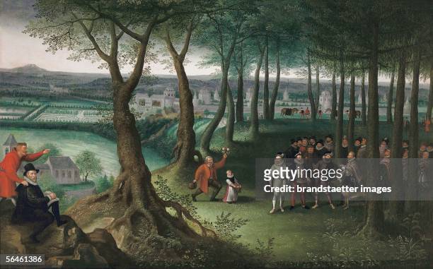 Emperor's walk in a forest near castle "Neugebaeude" in Vienna. The painting shows Rudolf II. In red tights, between his brothers Ernst ) and...