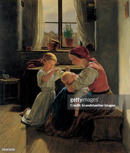 Mother with two children. Oil/wood. 1854. [Eine Mutter mit zwei Kindern. Oel auf Holz, 1854.]
