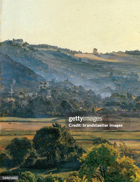 Landscape with the ruin of Liechtenstein by Moedling, Lower Austria. Detail. Oil/wood. 1859. [Berglandschaft mit der Ruine Liechtenstein bei...