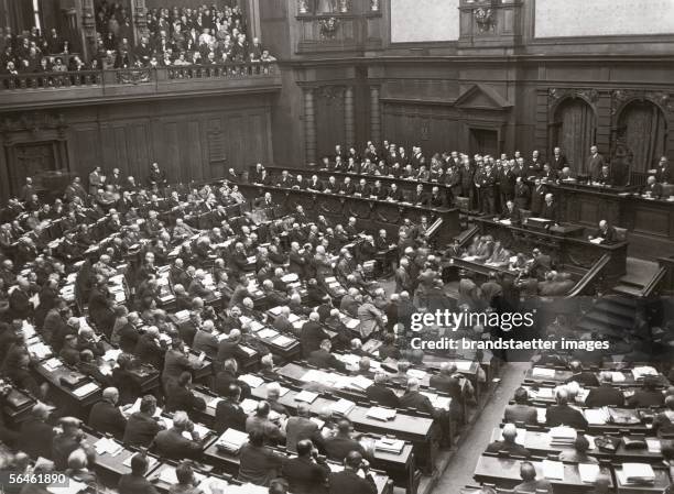 German Chancellor Heinrich Bruening speaking at the Reichstag . Photography. 1930. [Der deutsche Reichskanzler Heinrich Bruening gibt seine...