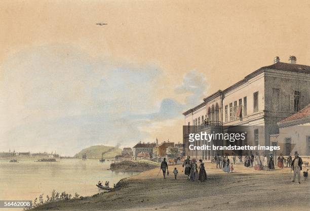 Imperial baths in Ofen , Budapest. Hungary. Clay lithograph, contemporarily coloured by Franz Xaver Sandmann. 1845. [Kaiserbad in Ofen , Budapest....