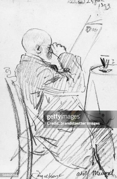 Adolf Menzel in a coffee house. Drawing: pencil. By Josef Engelhart. 1893. [Adolf Menzel im Kaffehaus. Zeichnung: Bleistift von Josef Engelhart....