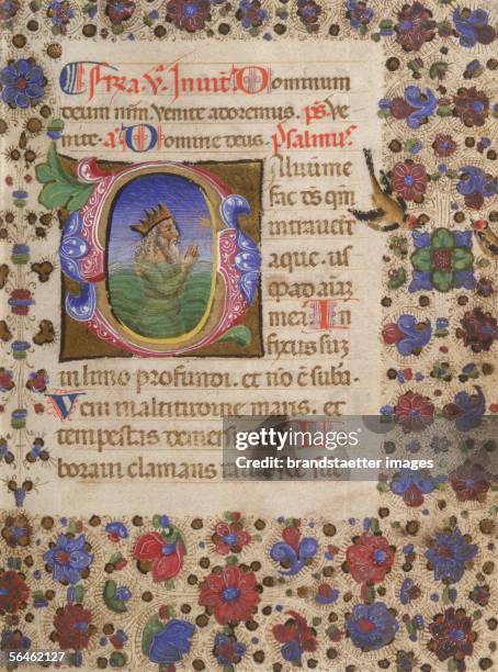 Initial B at beginning of psalm 1 , sheet 8 with miniature; psaltery. Body colour with gold on parchment, by Leonardo Bellini. About 1445/50....