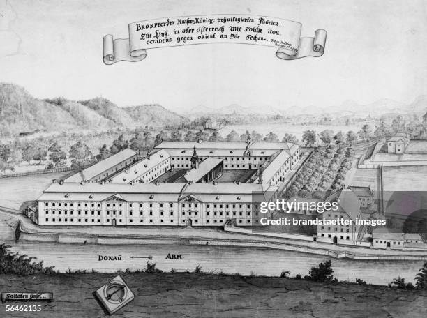 View on wool factory in Linz. Drawing: quill and brush, water coloured by Johann Matthias Krinner. 1753. [Ansicht der Wollzeugfabrik in Linz....