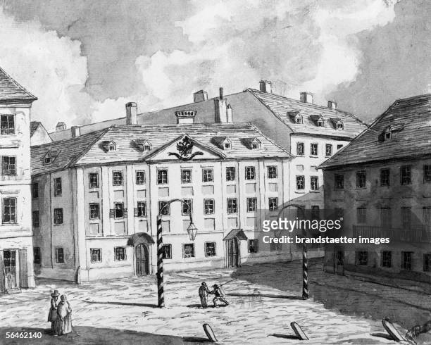 View on old Leopoldstadt theater in Vienna. Drawing: quill and brush, washed, about 1820. [Ansicht des alten Leopoldstaedter Theaters in Wien....