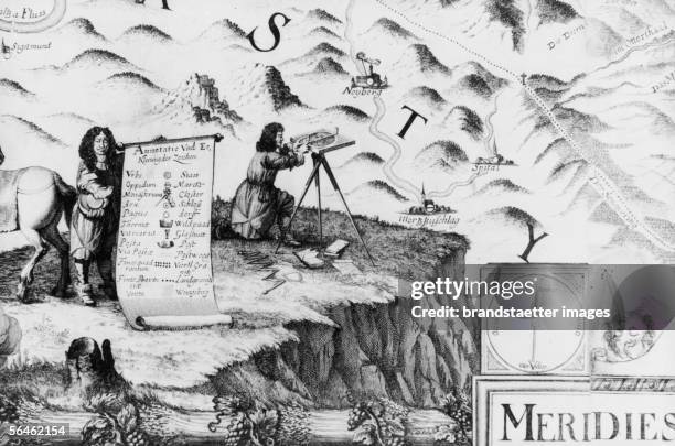 Cartographer Georg Mattaeus Vischer at measuring operations. Copper engraving by Melchior Kuesell. 1670. [Der Kartograph Georg Mattaeus Vischer bei...