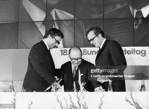 Erhard Busek, Rudolf Sallinger and Josef Taus at the 18th Federal Party Convent of the Austrian People's Party. Austria. Photography. Around 1976....