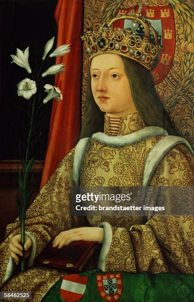 Eleanor of Portugal , wife of Emperor Friedrich III. The Empress wears the crown of her coronation in 1452. On the arm of her chair the arms of...