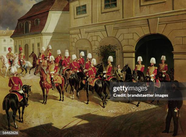 The "Arcieren-Leibgarde", Emperor Franz Joseph's guard regiment, in front of their barracks in Rennweg street, Vienna. Oil by F. Von Zellenberg,...