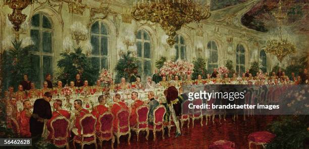 Gala dinner in Schoenbrunn Palace, given by the Emperor to the honor of the members of his "Arcieren-Leibgarde" guard-regiment. December 29, 1913....