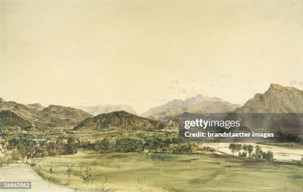 View on Salzburg from Maria Plain, the Untersberg on the right, in the background the Tennen mountains, water colour. 1859. [Blick auf Salzburg von...