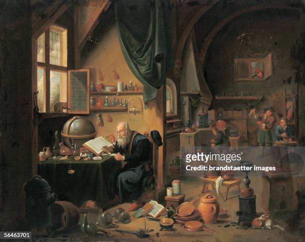An alchemist's workshop by David Teniers , circle of, oil on canvas, 73 x 92 cm, framed, . [Eine Alchemistenwerkstatt von David Teniers, Umkreis, oel...