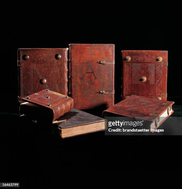 Admont, Styria: Benedictine monastery . Monastery library. Medieval manuscripts with leather covers. 15th cent. Photography by Gerhard Trumler....